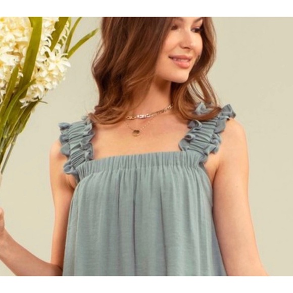 1 LEFT! Sage Tiered Ruffle Detail Lined Tie Back Dress - Picture 6 of 7